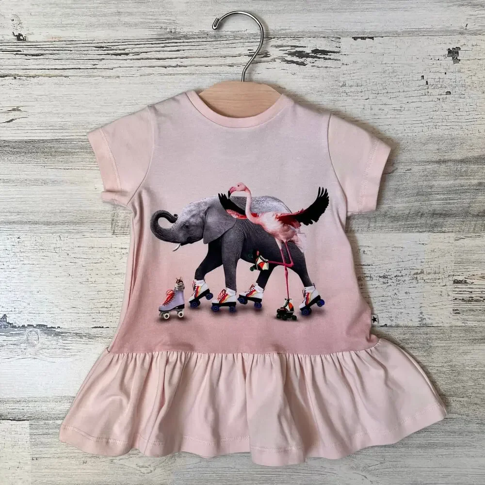 Molo Dress Baby Girls 6M Pink Rolling Friends Graphic Ruffle Hem Organic Cotton